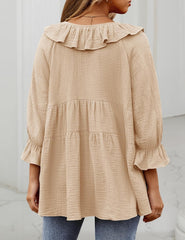 Women's 3/4 Sleeve Tie-Front Ruffled Babydoll Blouse