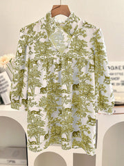 Women's V-neck Ruffle Collar Printed Shirts