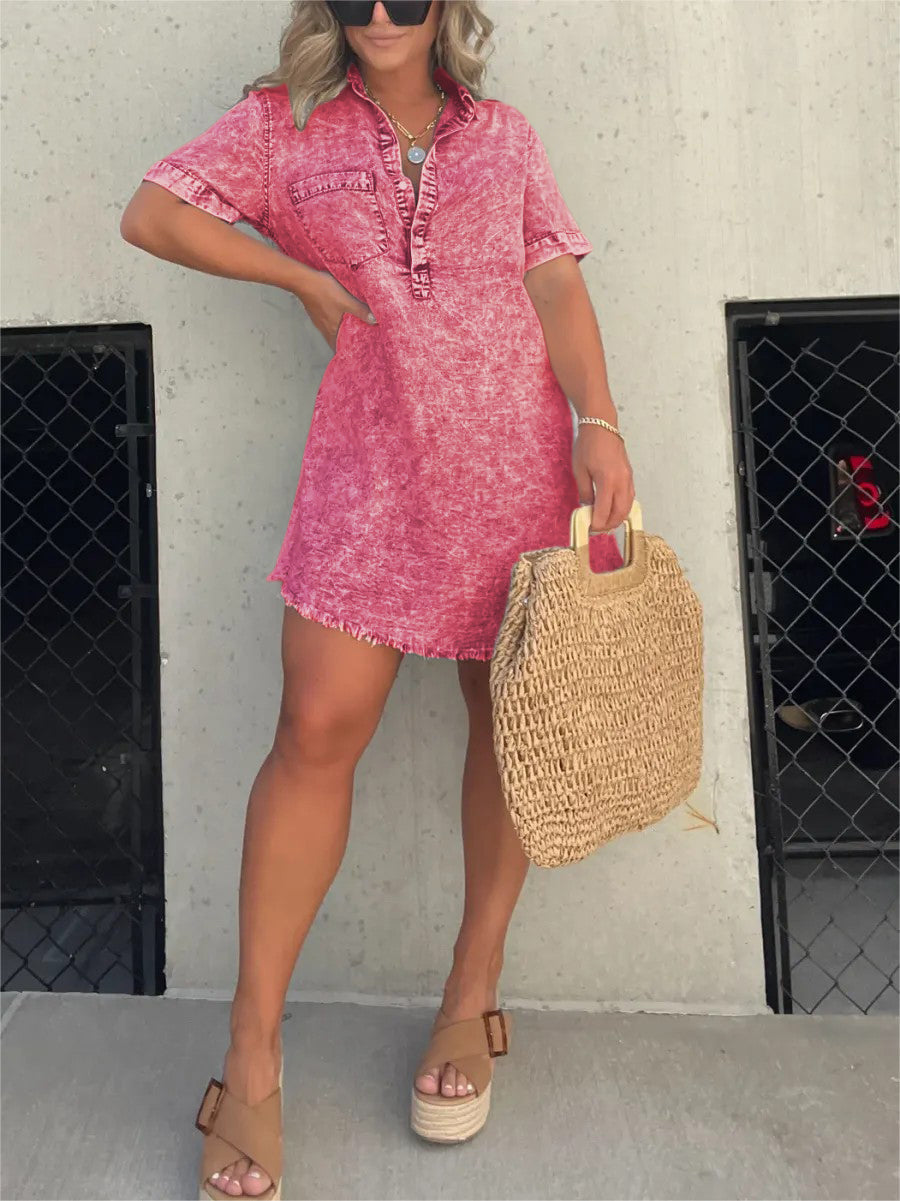 Women's Washed Short Sleeve Shirt Short Skirt