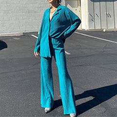 Causal Set Loose Button-Down Shirt and Pleated Wide Leg Pants