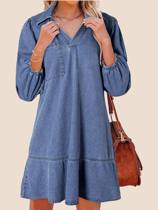 Women's 3/4 Sleeve V-Neck Puff Sleeve Denim Layered Dress