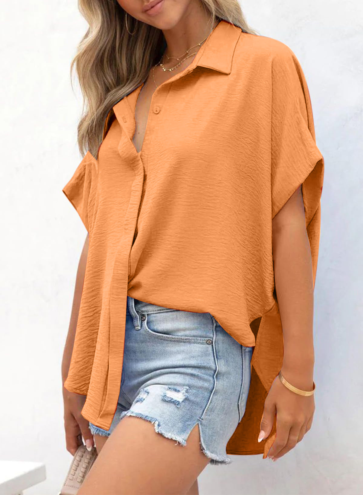 Women's Casual Short Sleeve Slit Hem Button Shirt
