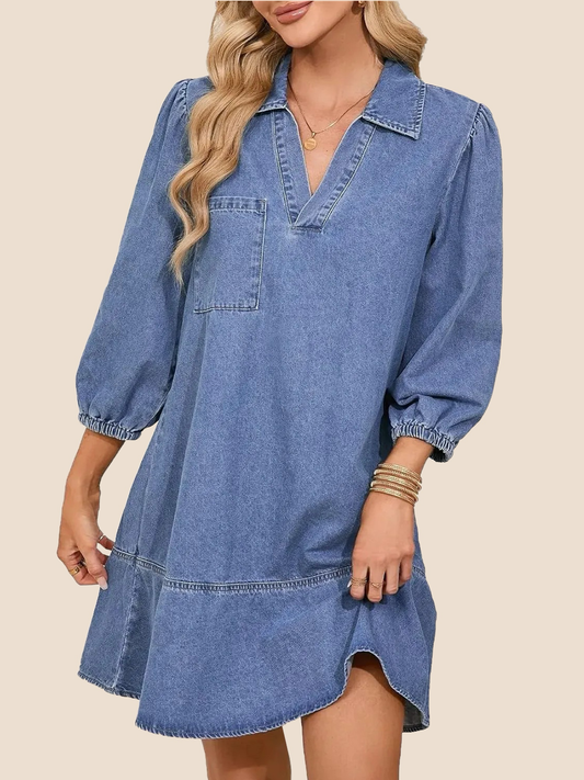 Women's 3/4 Sleeve V-Neck Puff Sleeve Denim Layered Dress