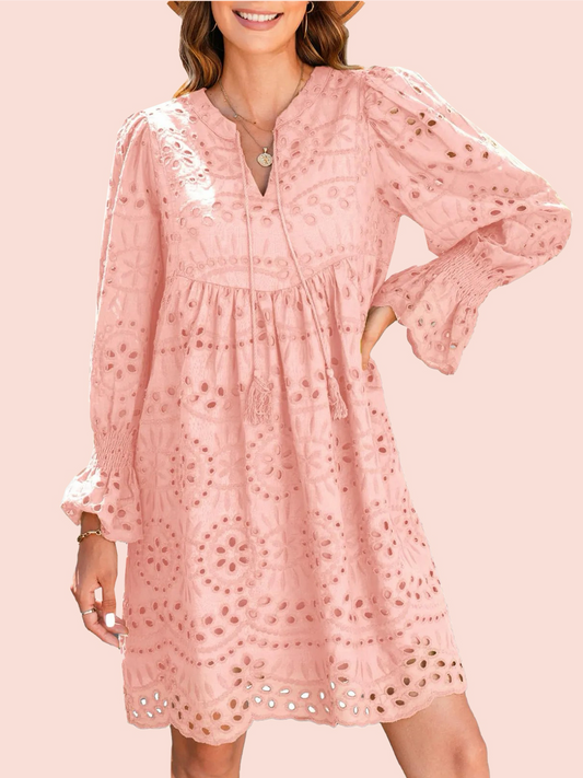 Women's Long Sleeve V Neck Eyelet Lace Dress