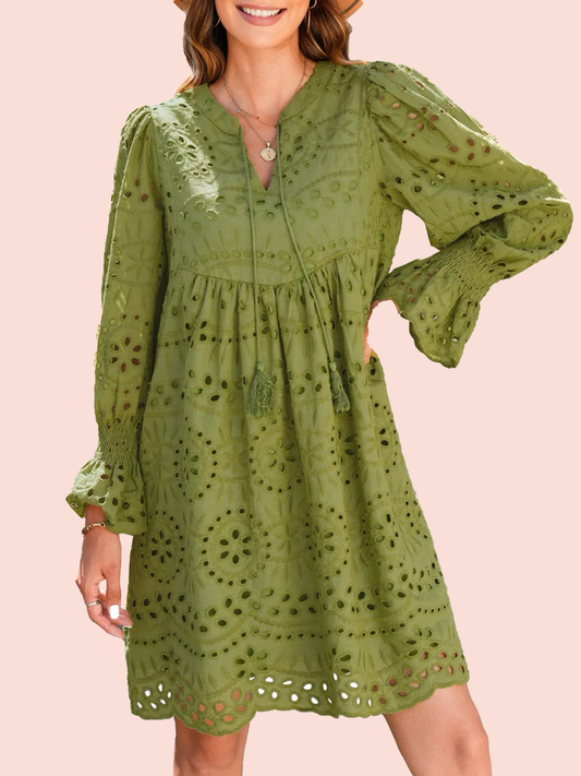 Women's Long Sleeve V Neck Eyelet Lace Dress
