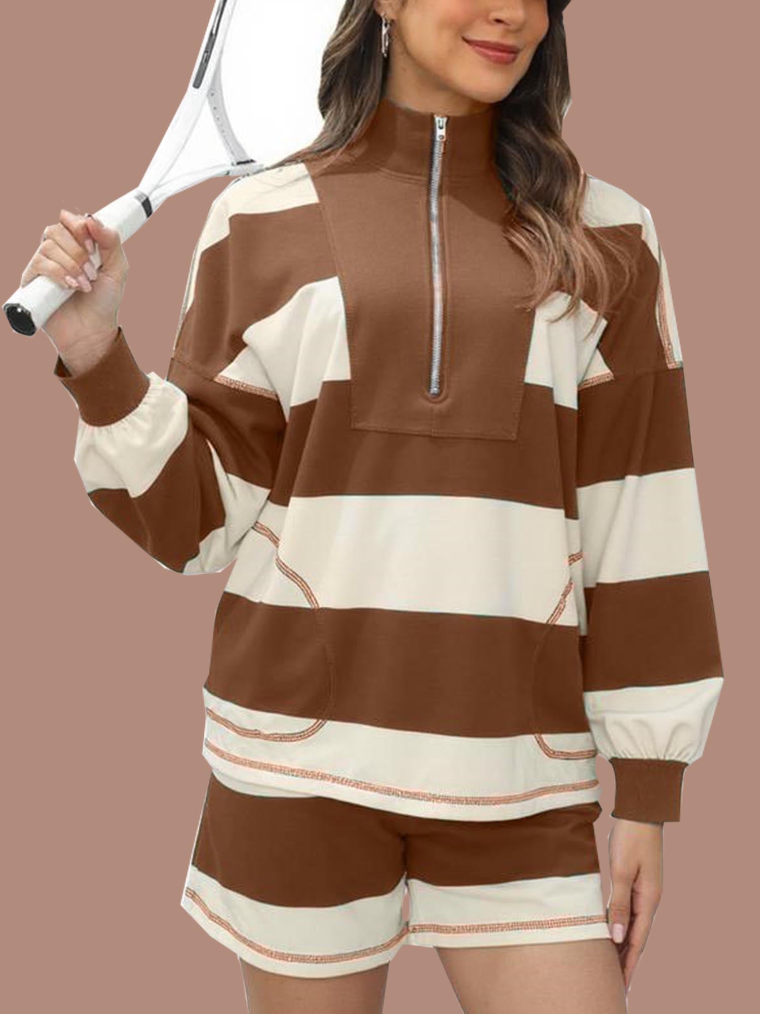 Women's 2 Piece Striped Long Sleeve Quarter Zip Lounge Set