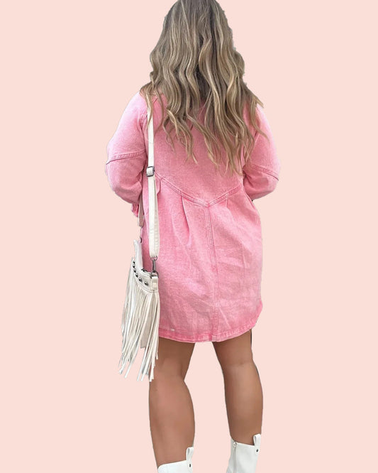 Button Denim Bubble Sleeve Dress