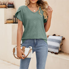 Solid color V-neck tile sleeve short-sleeved T-shirt