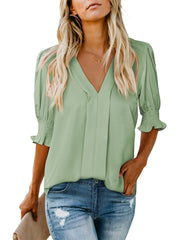Women's Solid Casual V Neck Puff Sleeve Shirts