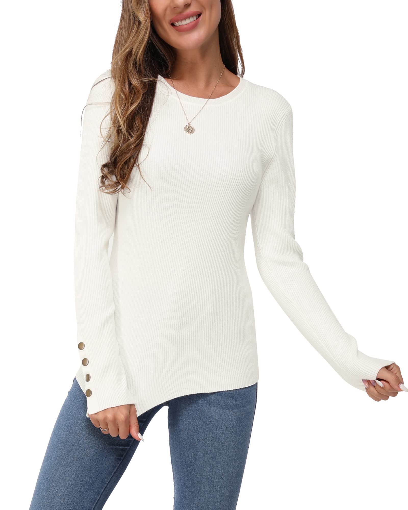 Women's Long-Sleeve Button Crew Neck Pullover Sweater