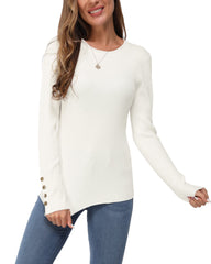 Women's Long-Sleeve Button Crew Neck Pullover Sweater