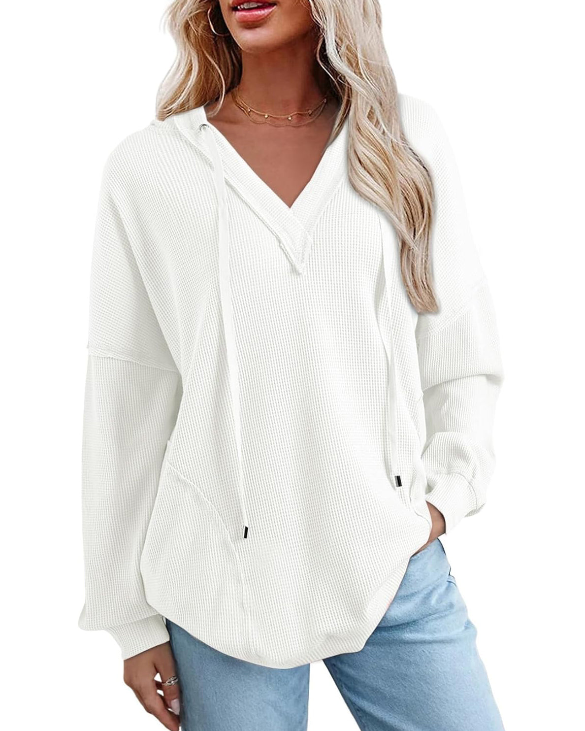 Women's Drawstring V Neck Waffle Hoodie