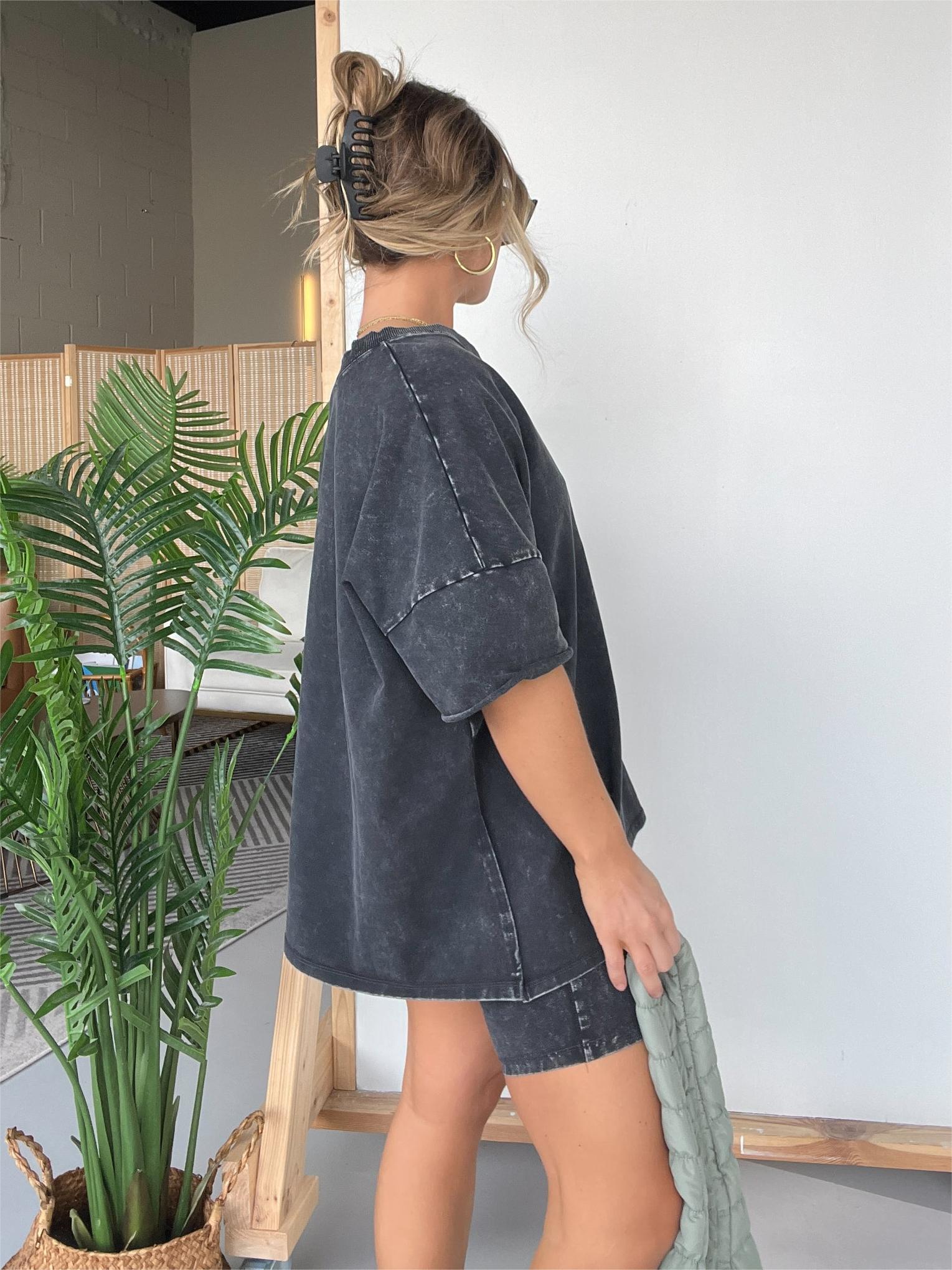 Women's Washed Short Sleeve and Cycling Shorts Set