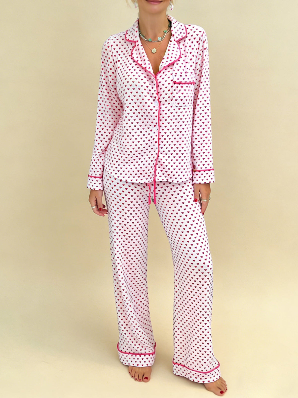 Women's Valentine's Day Long Sleeve Heart-Patterned Pajama Set
