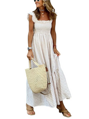 Women's Retro Plaid Smocked Flounce Long Dress