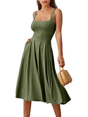 Casual Square Neck Sleeveless   Beach Midi Dress