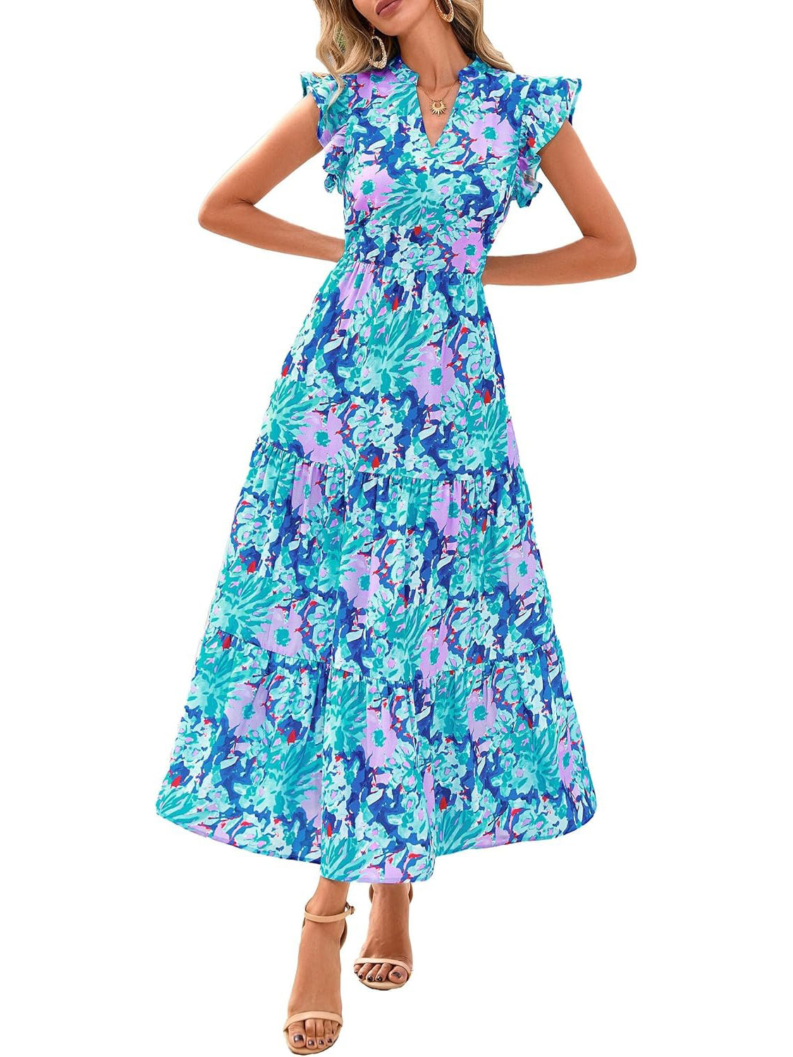 Women's Boho Print V Neck Ruffle Maxi Dress