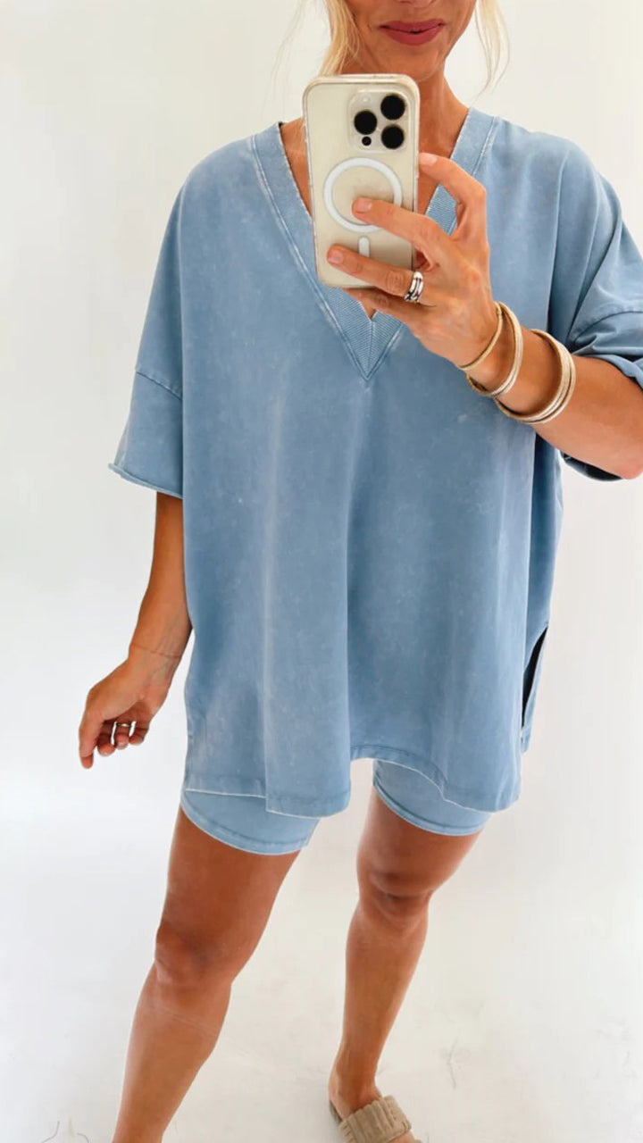 Women's Washed Short Sleeve and Cycling Shorts Set
