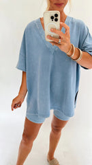Women's Washed Short Sleeve and Cycling Shorts Set