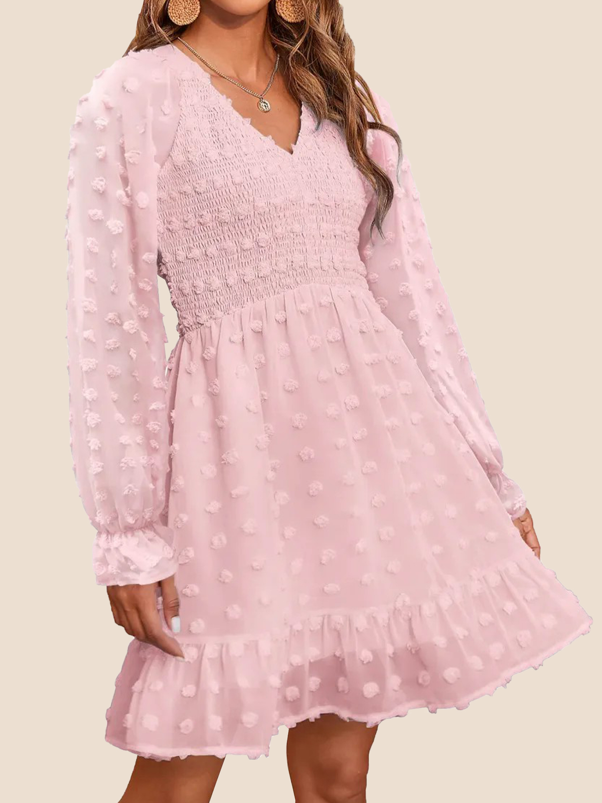 Women's Spring V Neck Long Sleeve Swiss Dot Chiffon Mini Dress