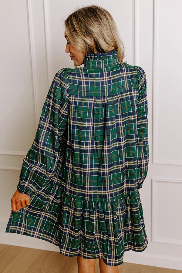 Women's Plaid Print Frilly Collar Long Sleeve Mini Dress