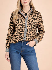 Women's Vintage Leopard Print Bow-Detailed Long-Sleeve Blouse