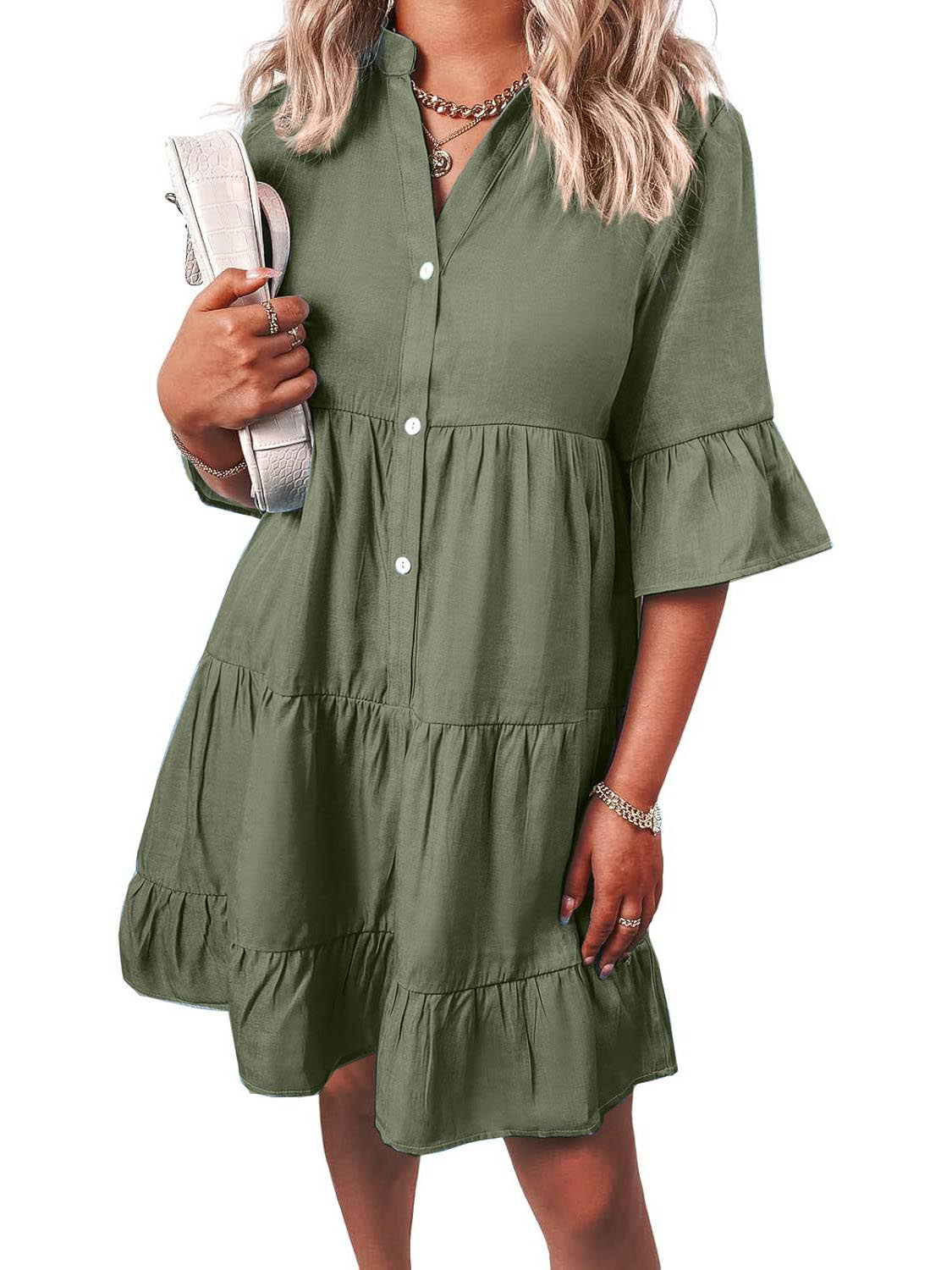 Women¡®s Casual V Neck Ruffle Short Sleeve Summer Dress