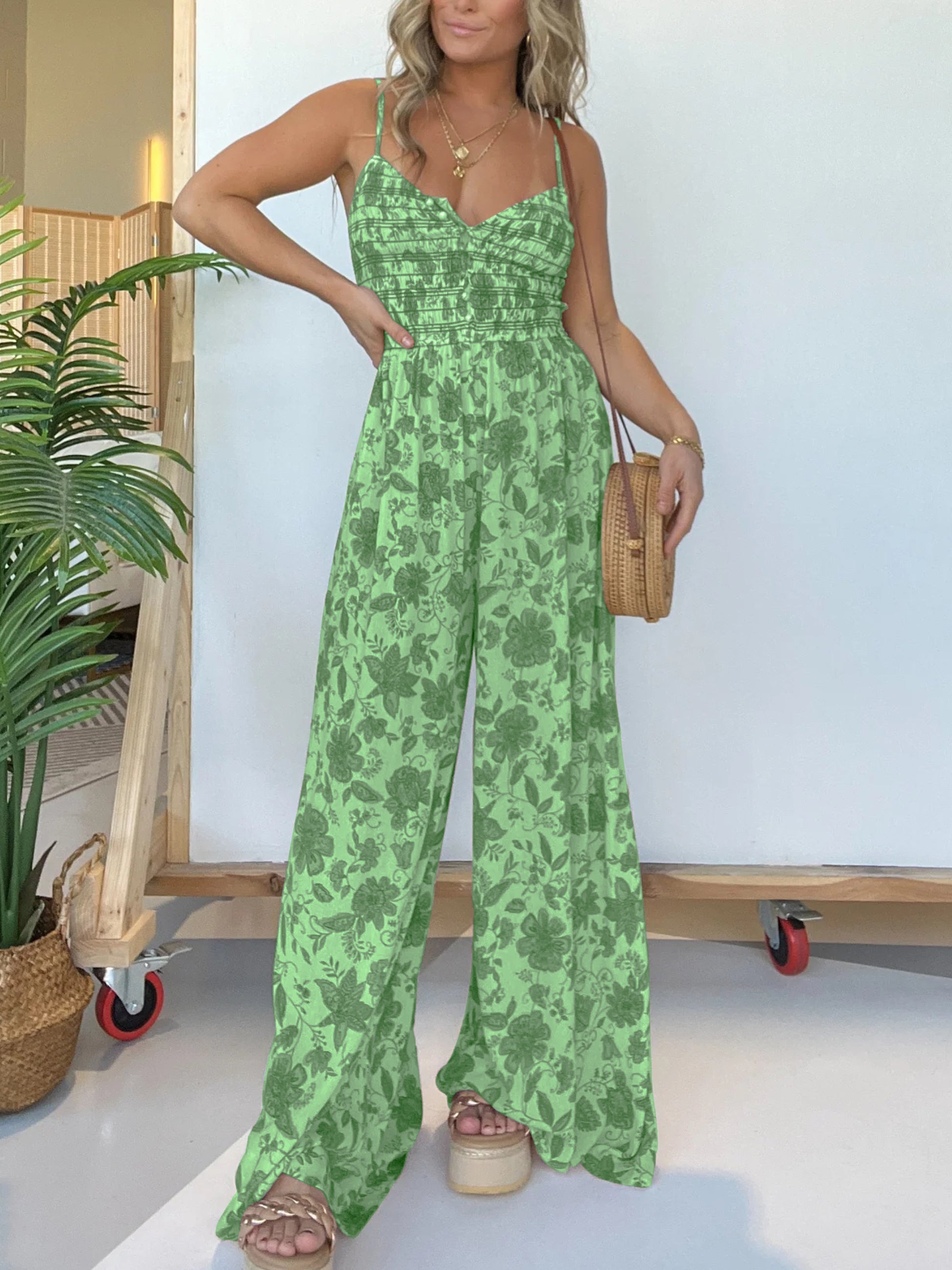 Floral Suspender Wide-leg Jumpsuit
