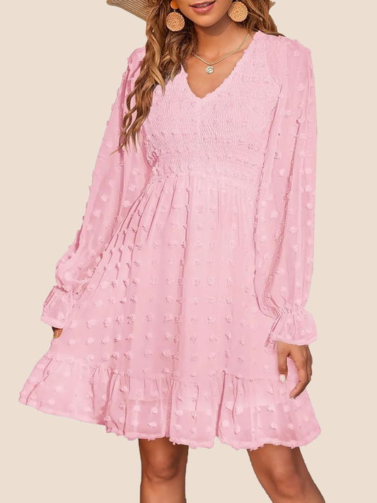 Women's Spring V Neck Long Sleeve Swiss Dot Chiffon Mini Dress