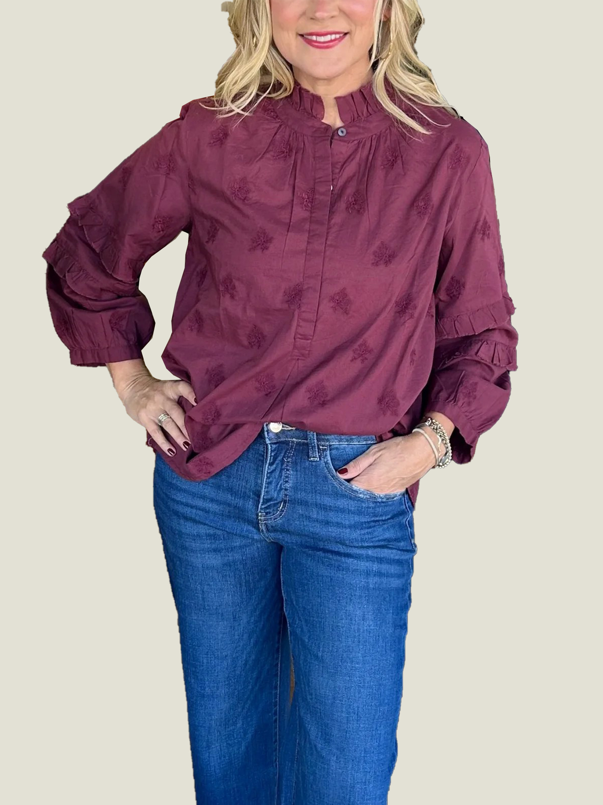 Women's Strawberry Print Ruffle Long Sleeve Shirt