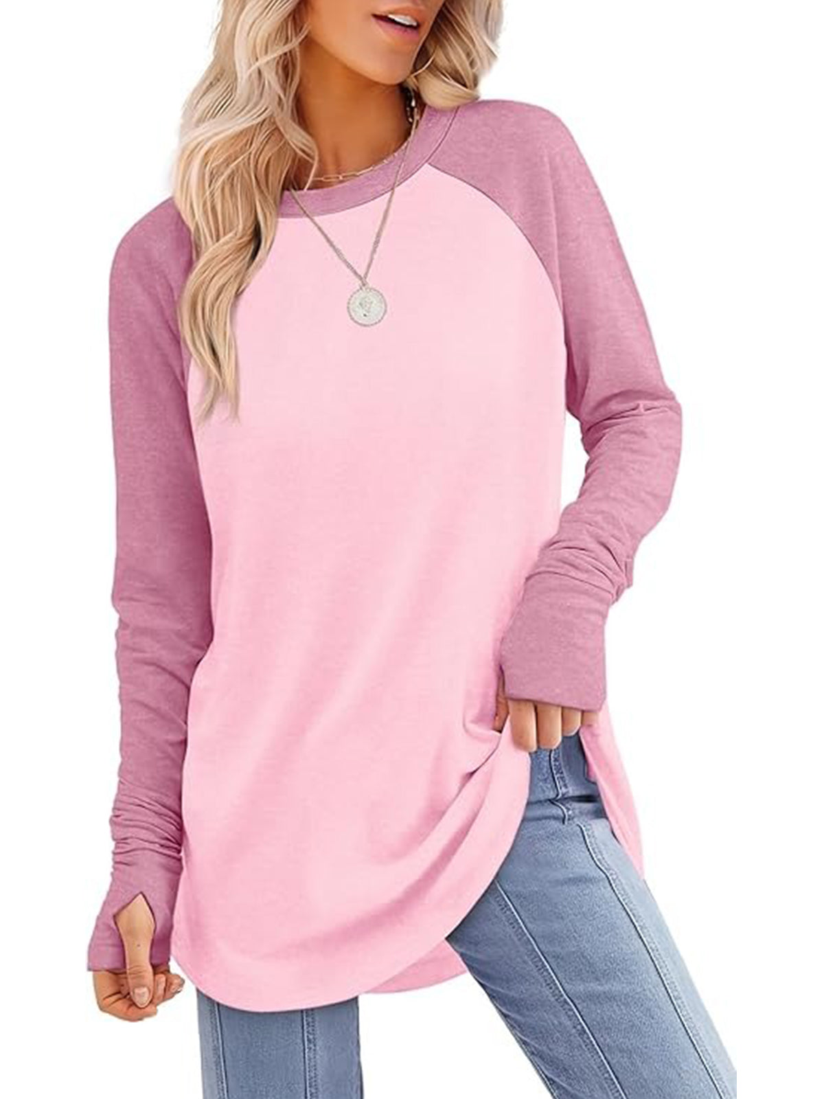 Women's Long Sleeve Tunic Curved Hem Thumb Hole Shirts