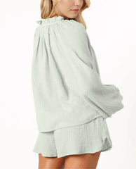 Women's Ruffle Long Sleeve Top and Shorts Two Piece Set With Pockets