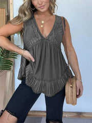 V-neckline Sleeveless Flow Top with Lace Trim