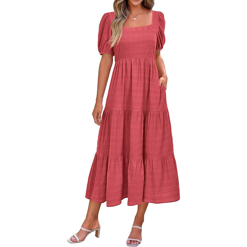 Puff Sleeve Smocked Flowy  Midi Dress