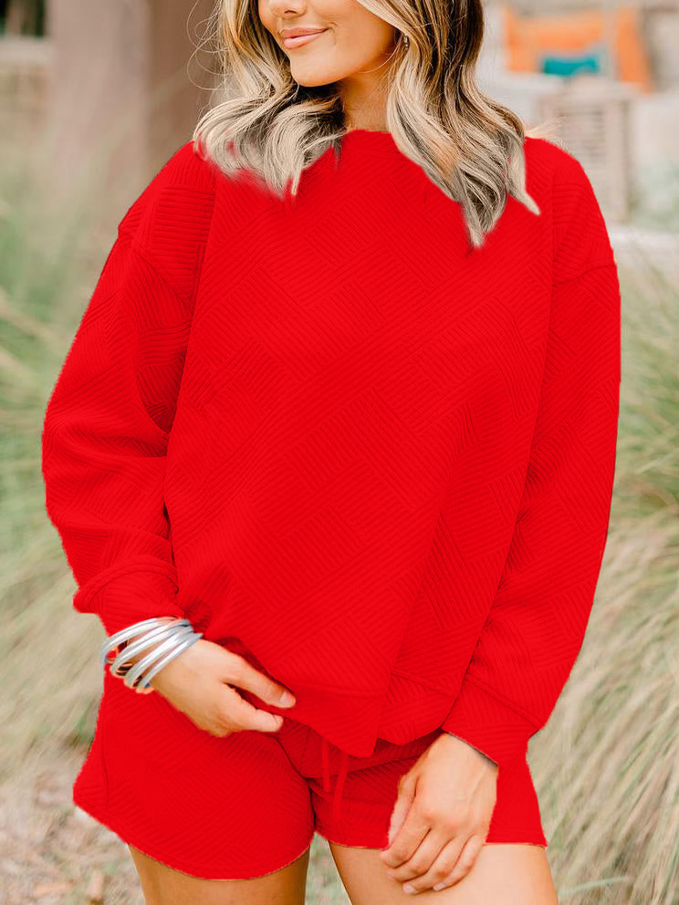 Women's Textured Long Sleeves Drawstring Shorts Set