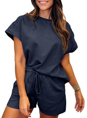 Women's Solid Textured Drawstring Shorts Set