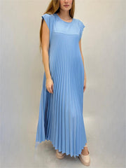 Women's Cap Sleeve Pleated Flowy Maxi Dress