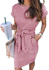Women's Short Sleeve Striped Tie Waist T-Shirt Dress
