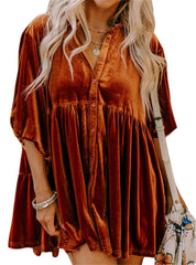Women's Velvet Dress Button Down Tunic Tops