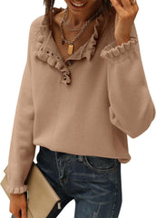 Women's Casual Knitted Button Ruffle Pullover Sweater