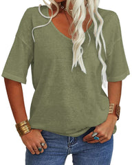 Women's Casual V-neck Solid Color Basic Tee