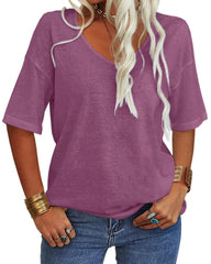 Women's Casual V-neck Solid Color Basic Tee