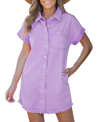 Women's Button Down Raw Edge Denim Shirt Dress