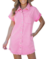 Women's Button Down Raw Edge Denim Shirt Dress