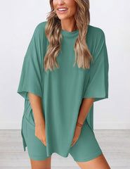 Women's Round Neck Side Slit Short Sleeve Top Tight Shorts Set