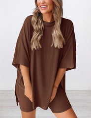 Women's Round Neck Side Slit Short Sleeve Top Tight Shorts Set
