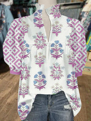 Women's V Neck Puff Sleeve Floral Print Blouse