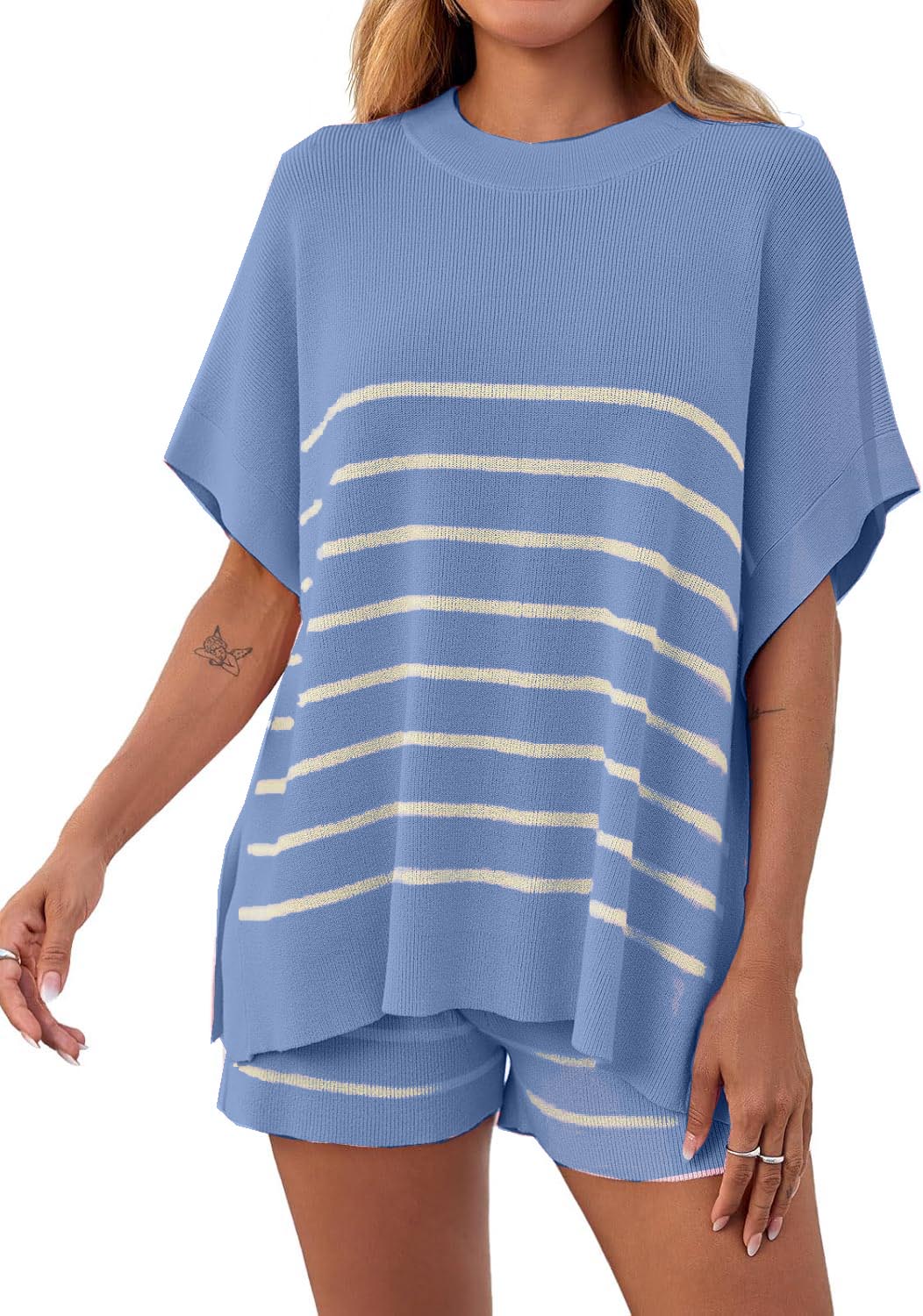 Women's Striped Batwing Short Sleeve Tops High Waisted Shorts Knit Lounge Sets