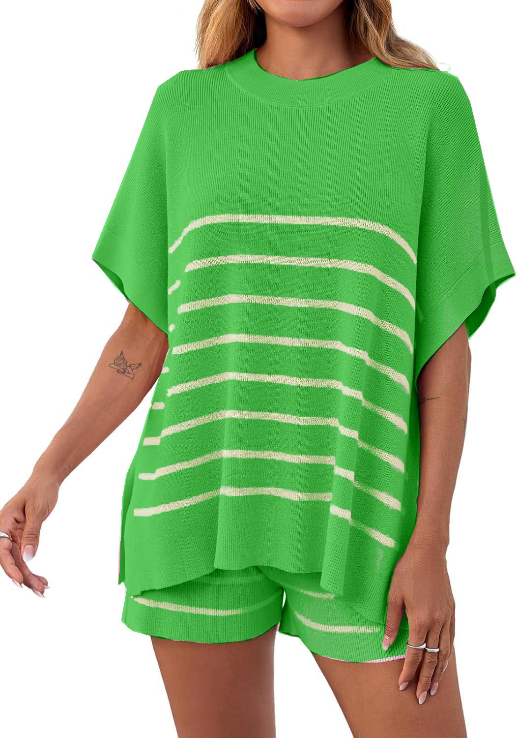Women's Striped Batwing Short Sleeve Tops High Waisted Shorts Knit Lounge Sets