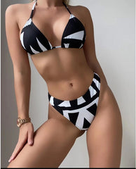 Geometric Print Halter Bikini Swimsuit & Cover Up 3 Piece Set